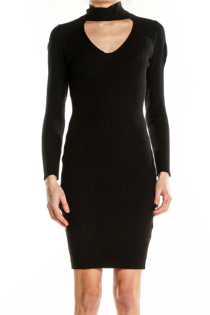 Front view of black ribbed bodycon dress with choker neckline and cutout detail