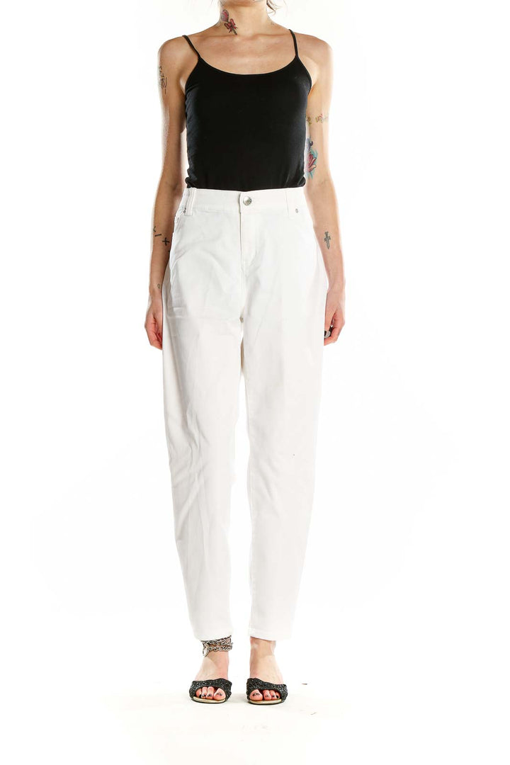 Front view of white high-waisted straight leg jeans from Celebrity Pink Jeans
