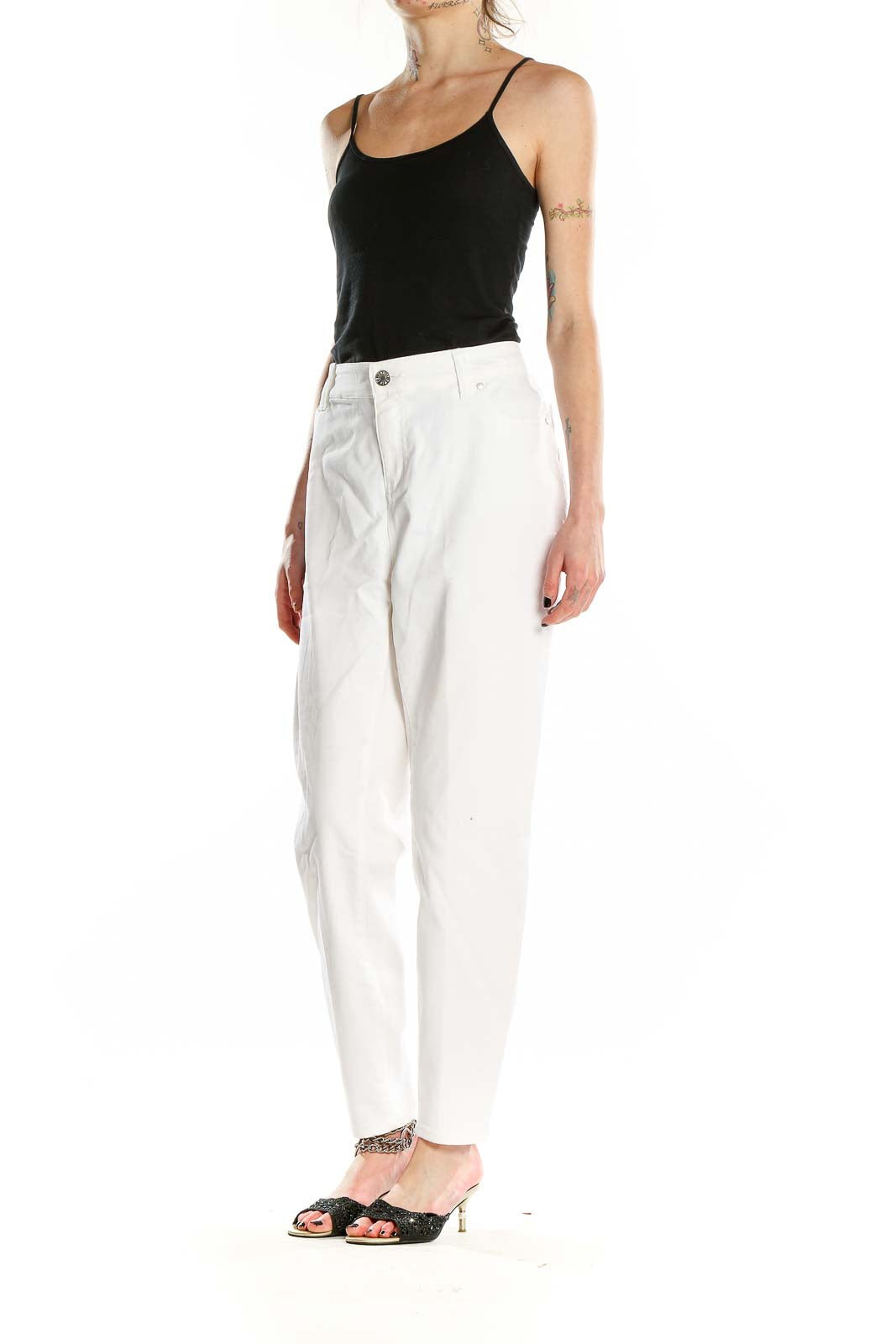 Front view of white high-waisted straight leg jeans from Celebrity Pink Jeans