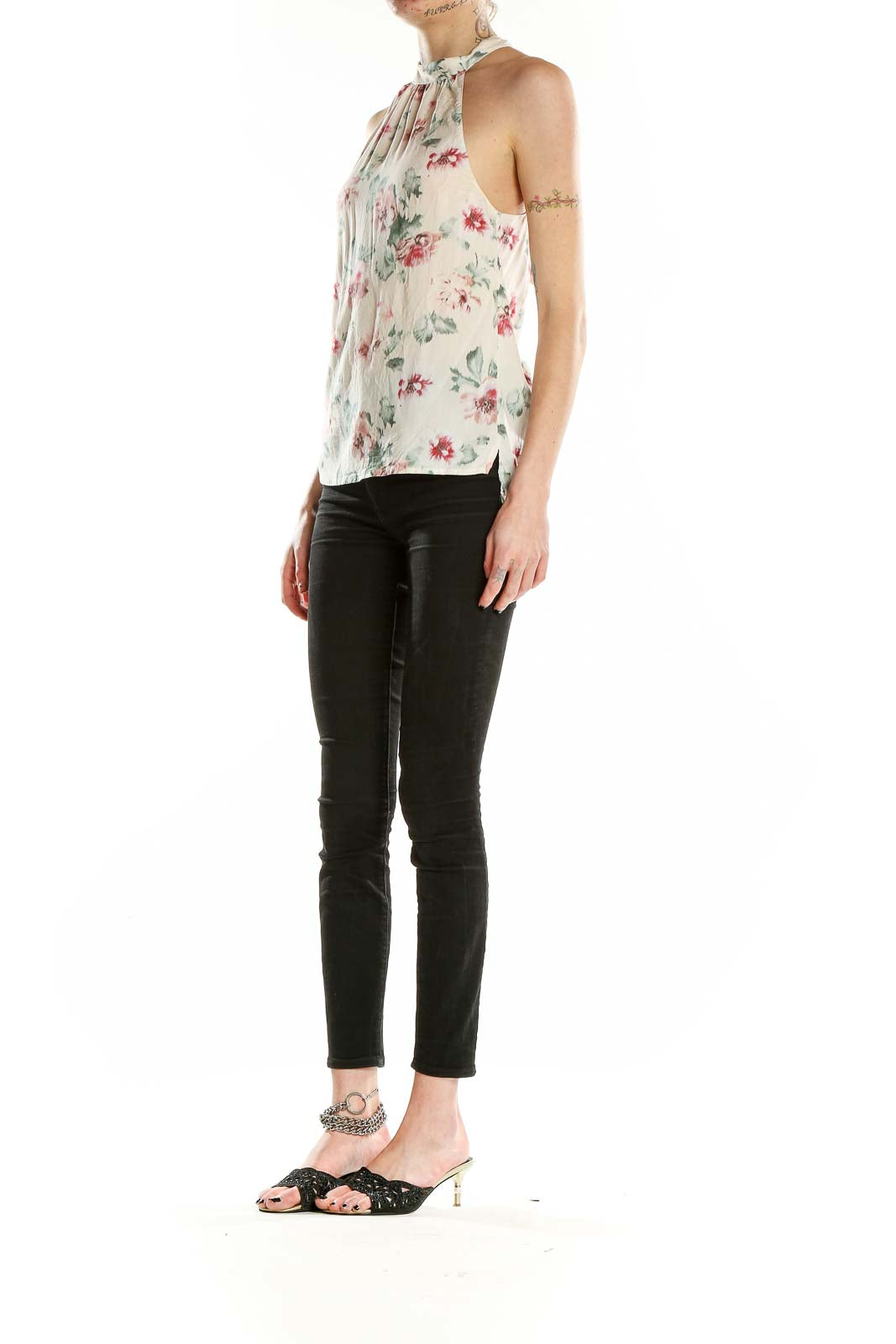 Front view of white floral halter neck top by Zara Trafaluc