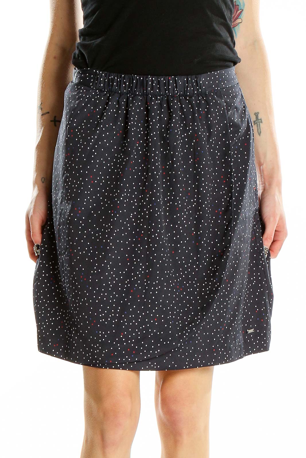 Front view of Tommy Hilfiger navy polka dot A-line skirt