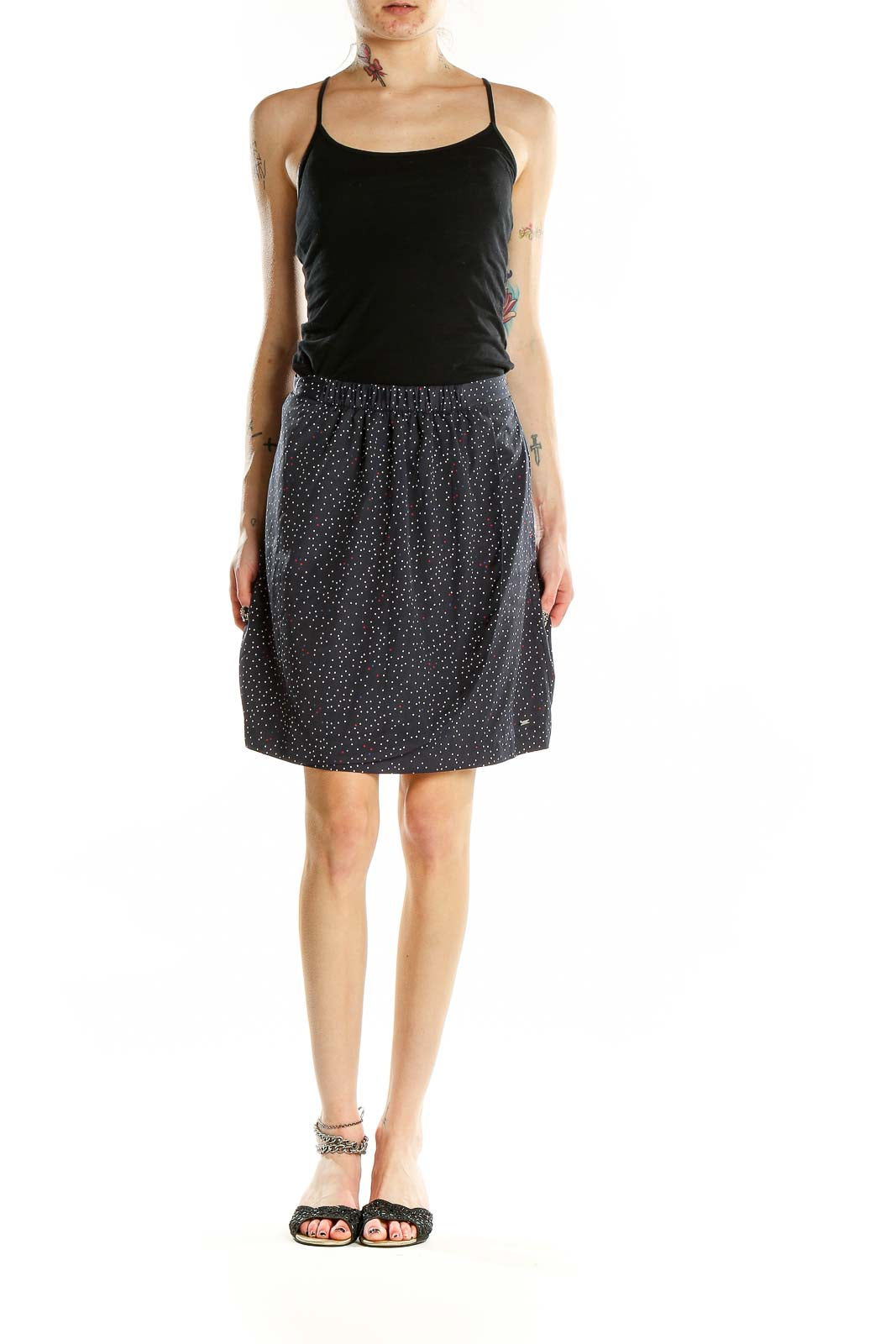 Front view of Tommy Hilfiger navy polka dot A-line skirt