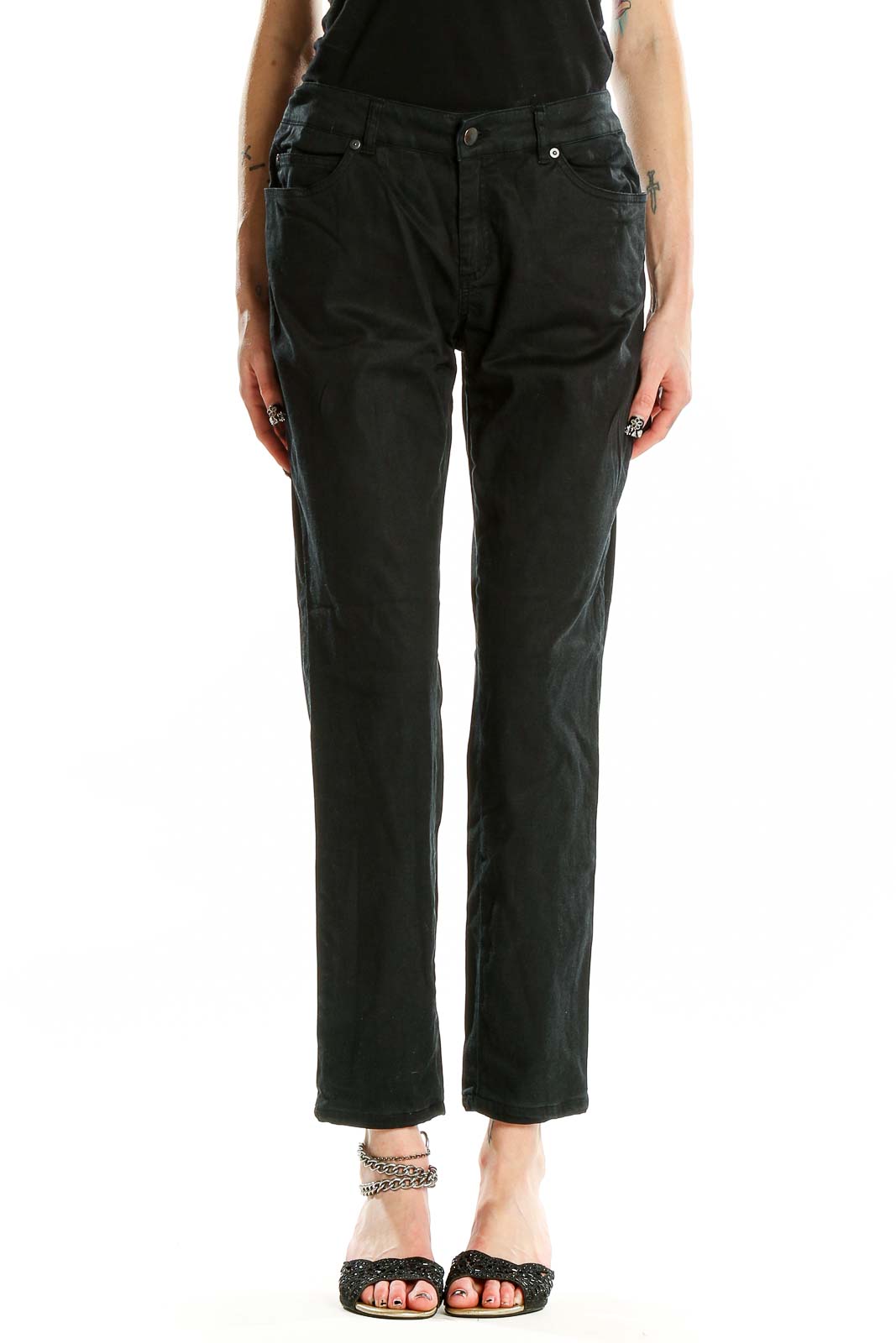 Front view of Pendleton black straight-leg jeans on model