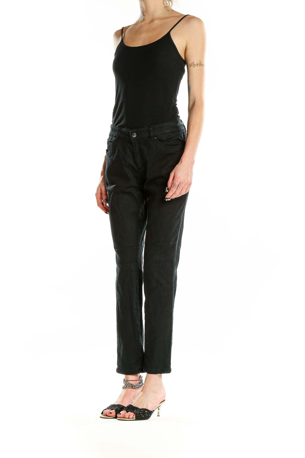 Front view of Pendleton black straight-leg jeans on model