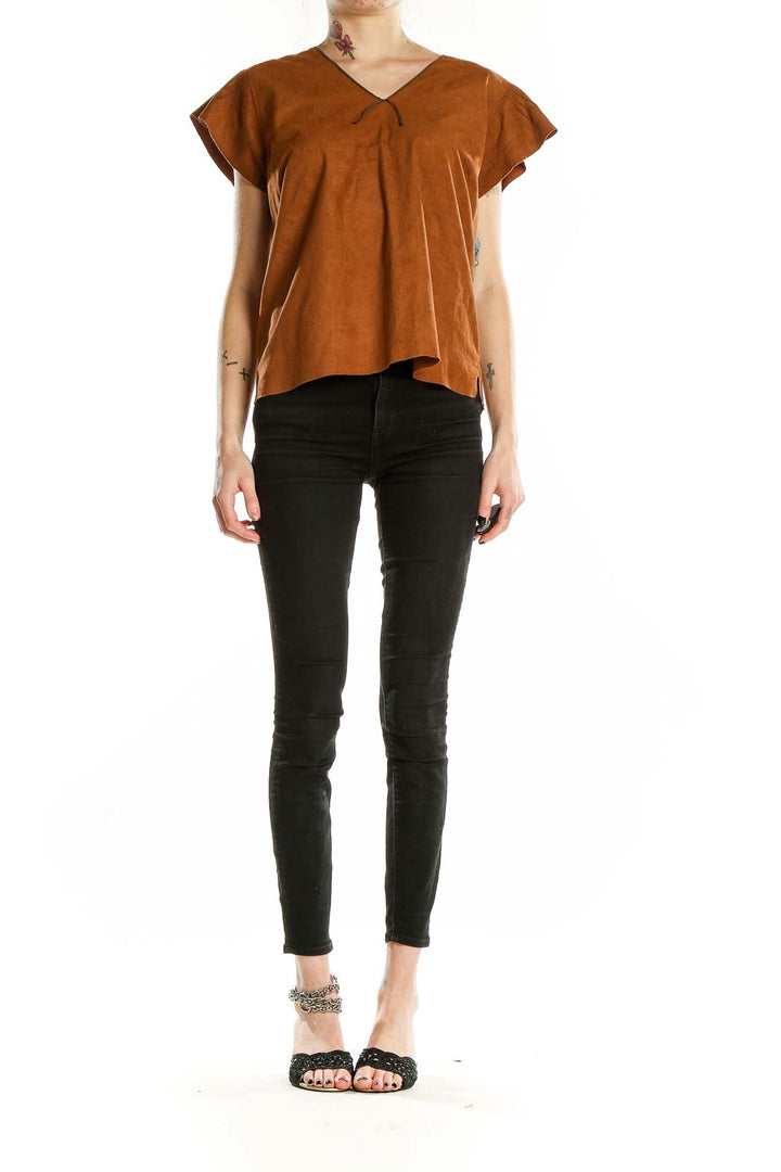 Front view of rust suede-like V-neck top with flutter sleeves