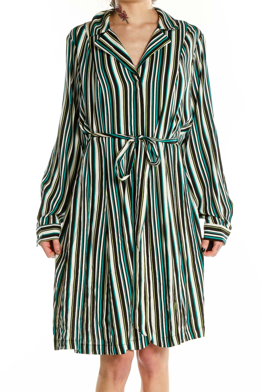 Front view of green striped belted shirt dress from Torrid