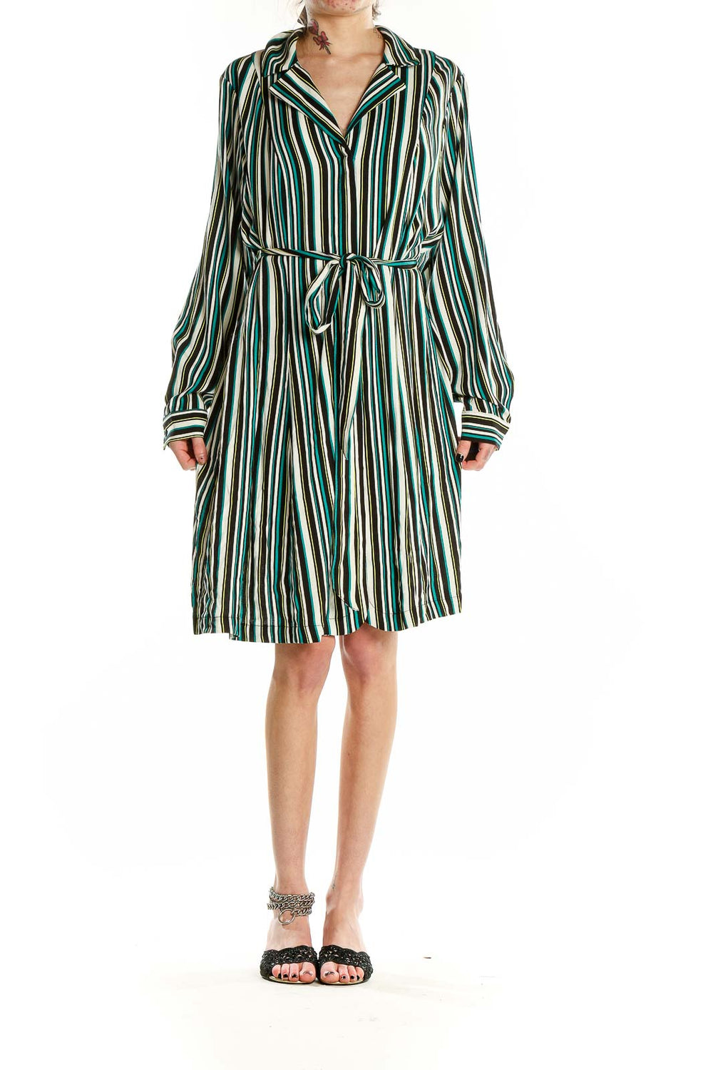 Front view of green striped belted shirt dress from Torrid