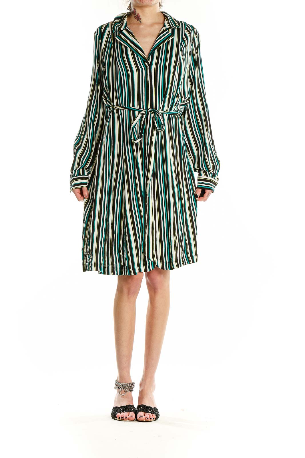 Front view of green striped belted shirt dress from Torrid