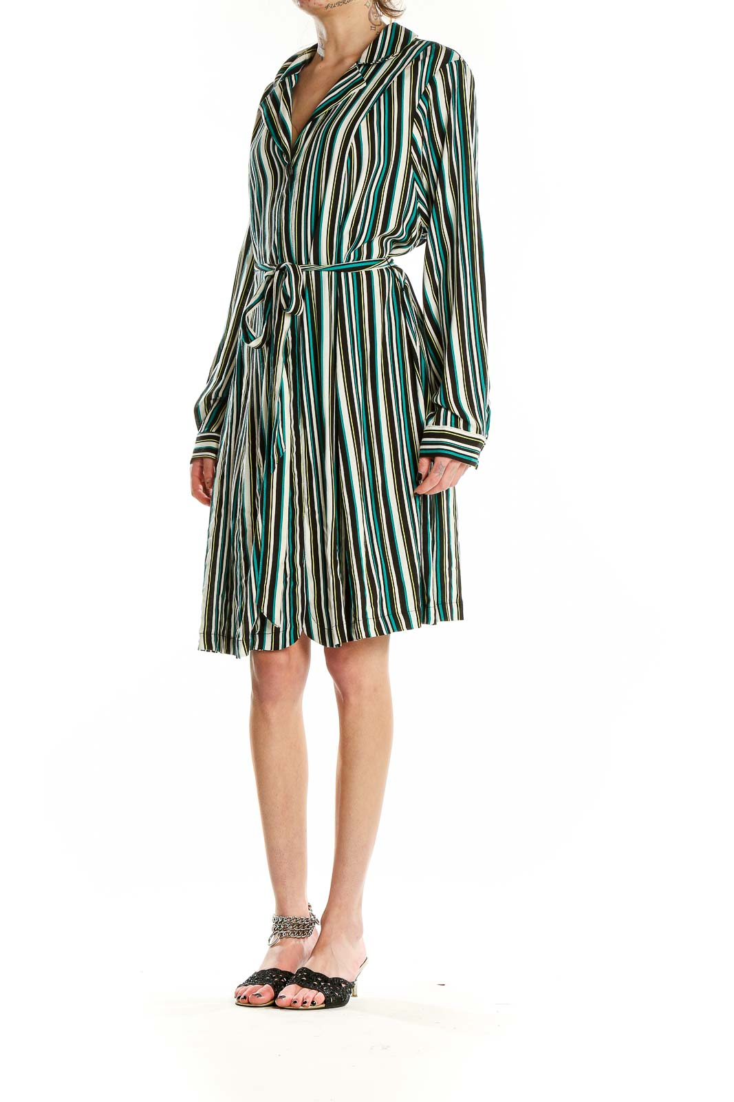 Front view of green striped belted shirt dress from Torrid