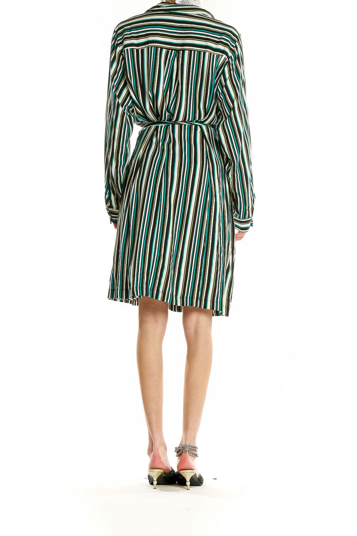 Back view of green striped belted shirt dress from Torrid