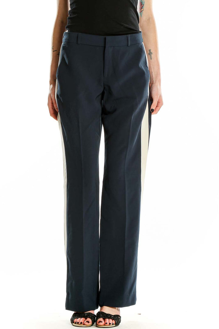Front view of Banana Republic navy wide-leg dress pants with side stripe
