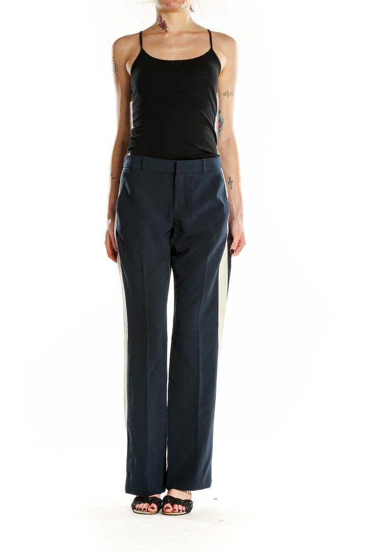 Front view of Banana Republic navy wide-leg dress pants with side stripe