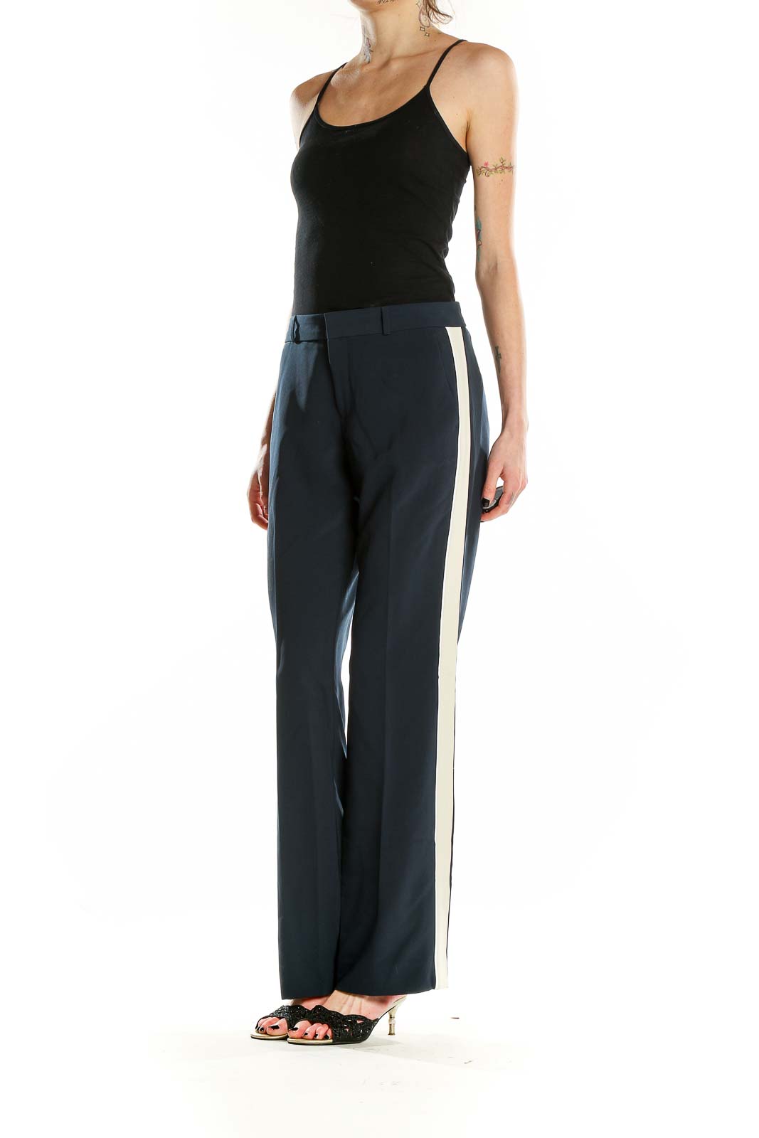 Front view of Banana Republic navy wide-leg dress pants with side stripe