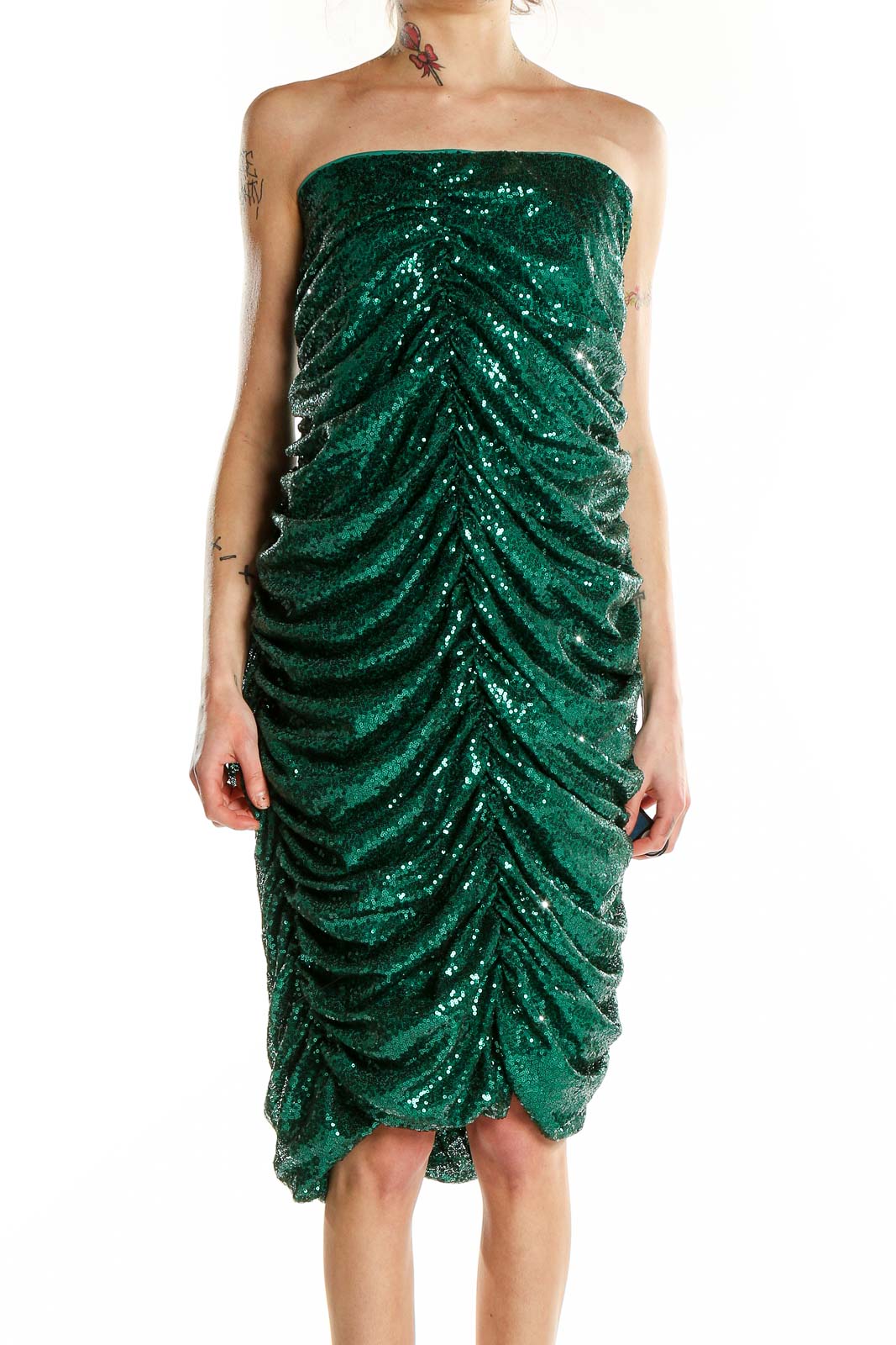 Front view of emerald green sequin strapless cocktail dress with ruched design
