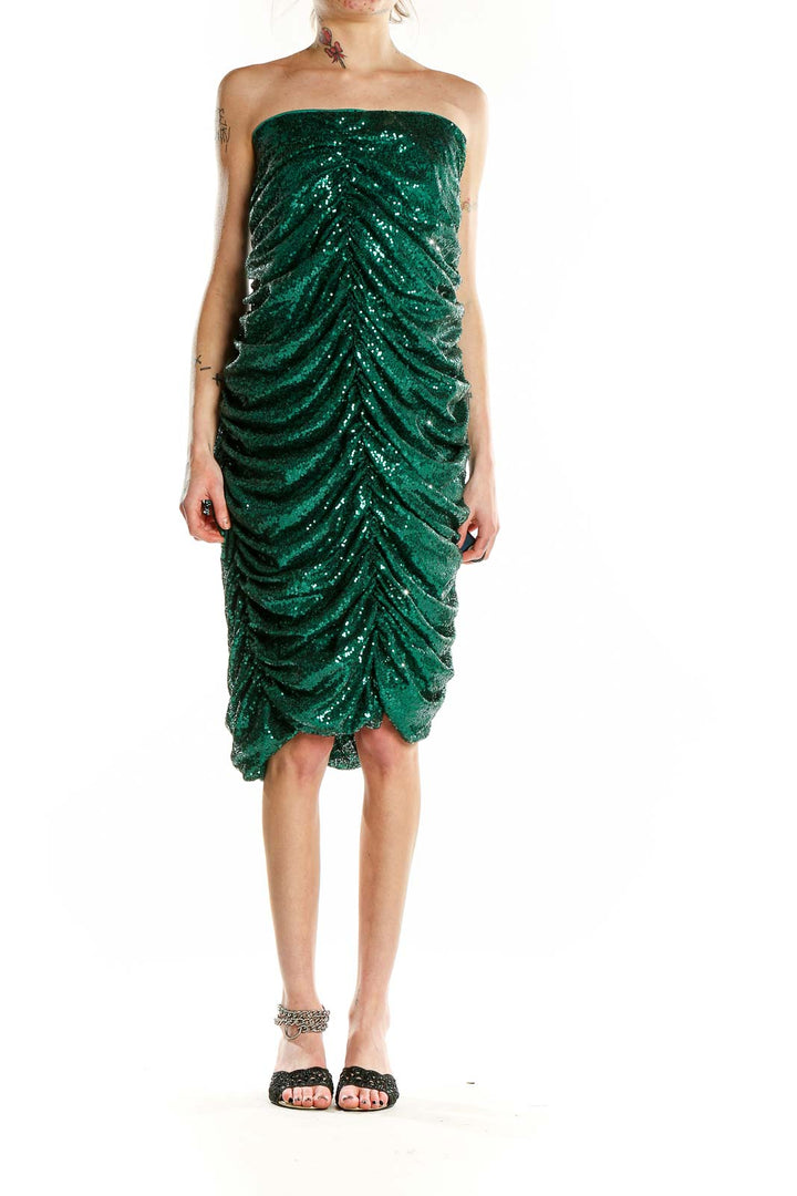 Front view of emerald green sequin strapless cocktail dress with ruched design