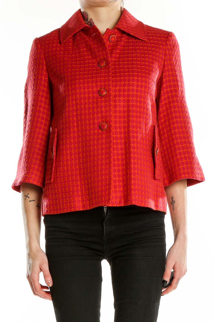 Front view of red textured cropped jacket from Banana Republic