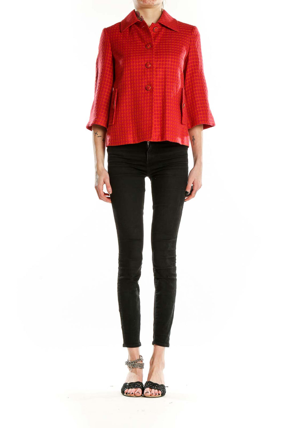 Front view of red textured cropped jacket from Banana Republic