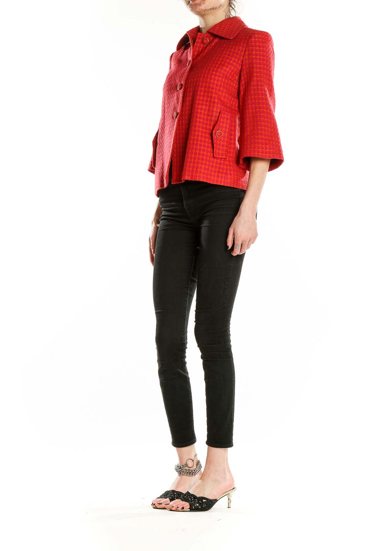 Front view of red textured cropped jacket from Banana Republic