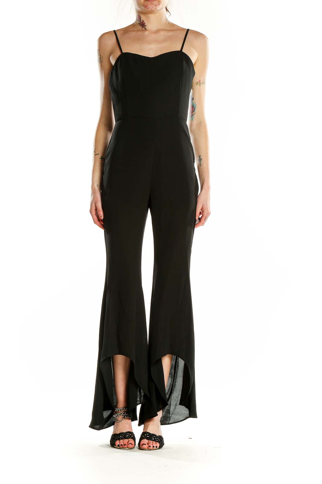 Front view of black Gianni Bini jumpsuit with spaghetti straps and flared legs
