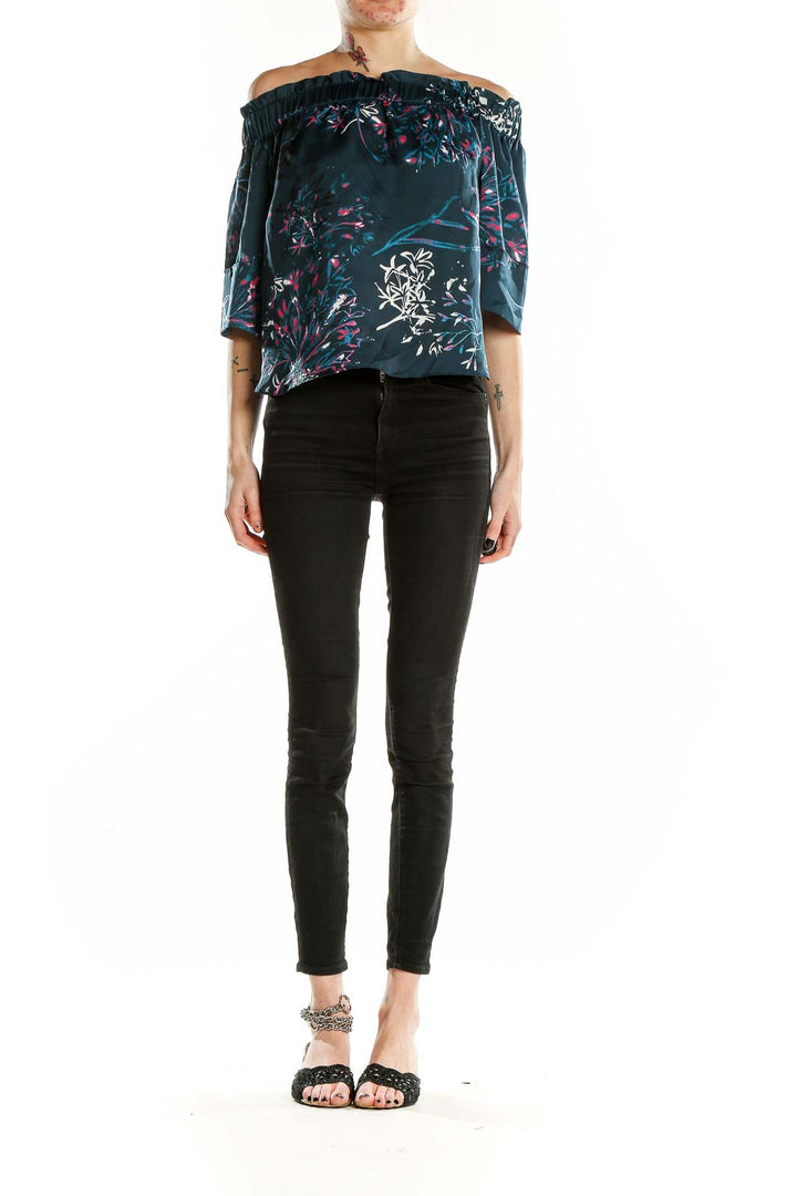 Front view of RACHEL Rachel Roy teal floral off-shoulder top
