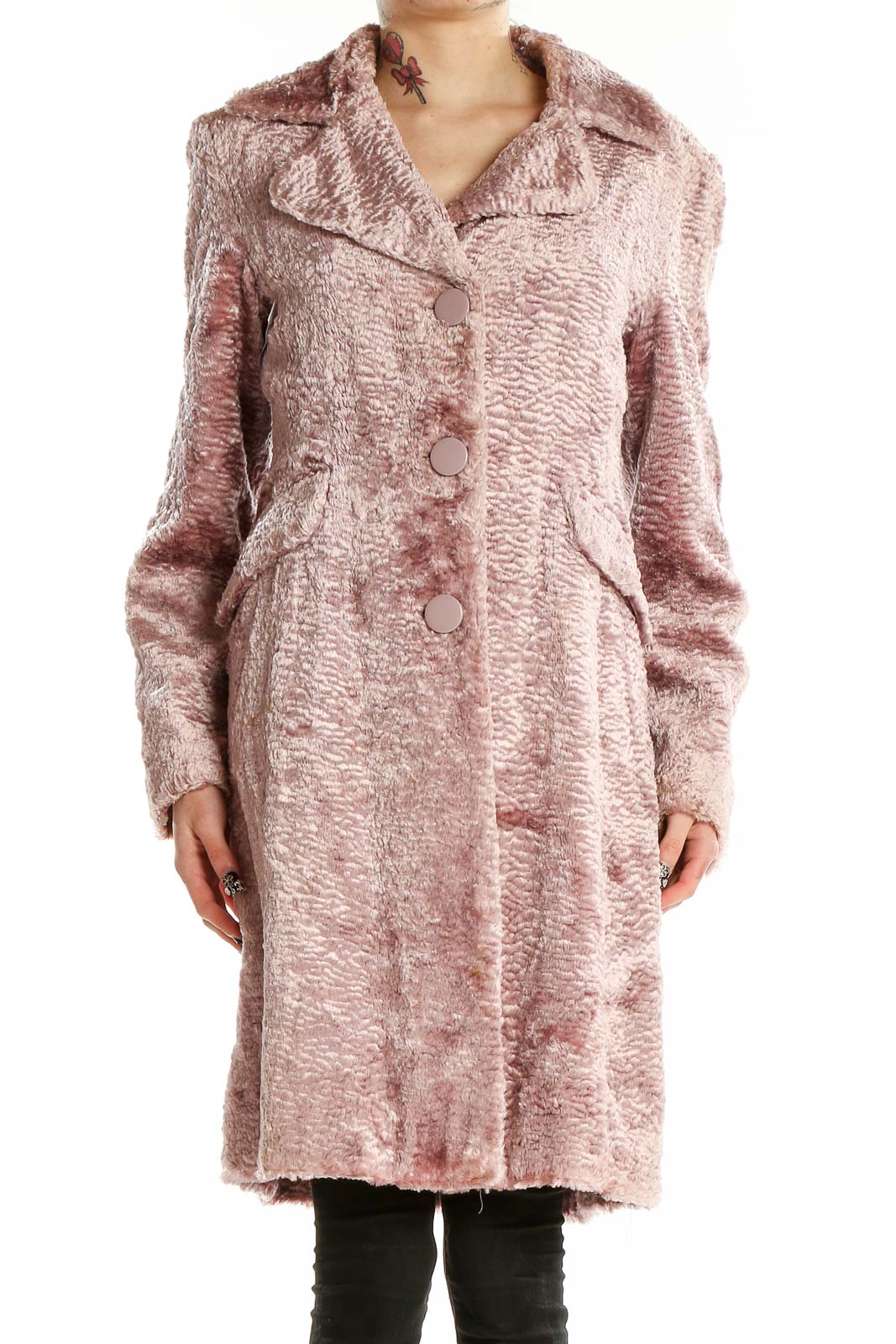 Front view of Nine West blush textured faux fur long coat with button closure
