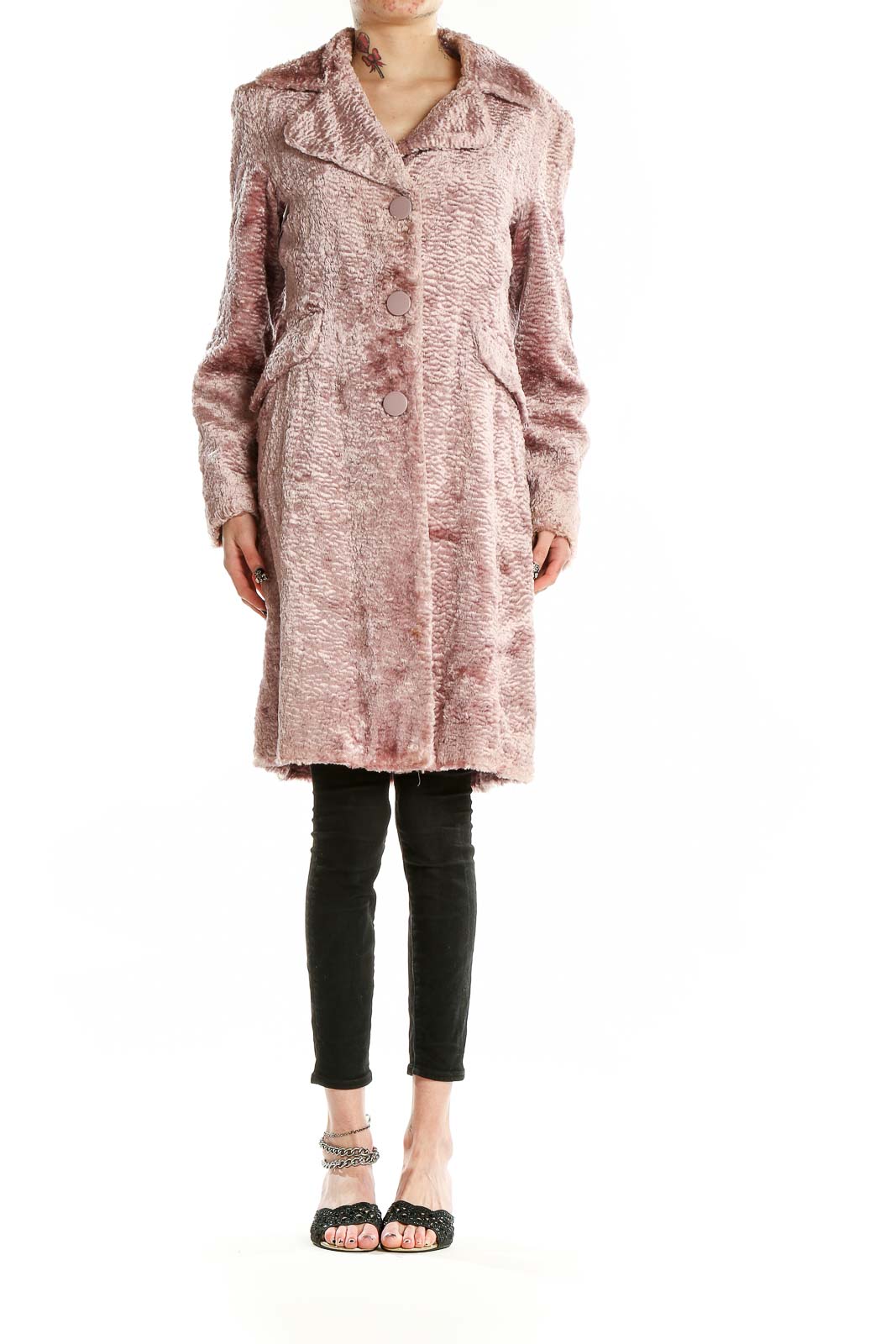 Front view of Nine West blush textured faux fur long coat with button closure