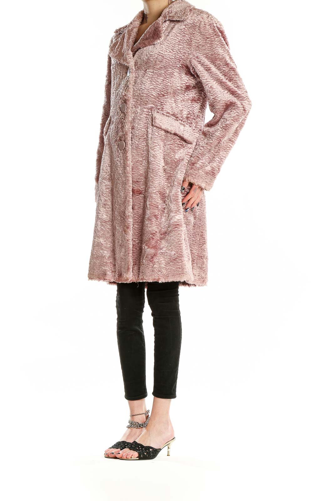 Front view of Nine West blush textured faux fur long coat with button closure