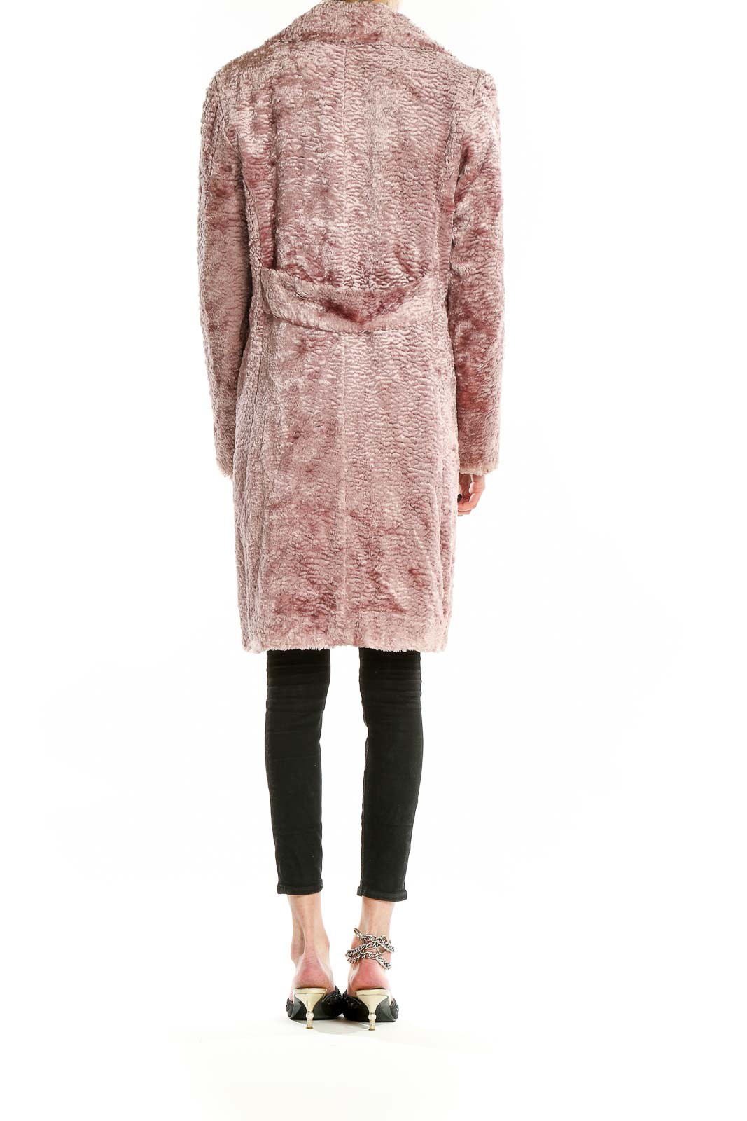 Back view of Nine West blush textured faux fur long coat showing full length