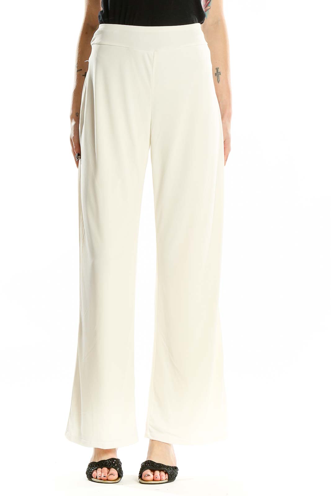 Front view of white wide-leg pants by American Glamour Badgley Mischka