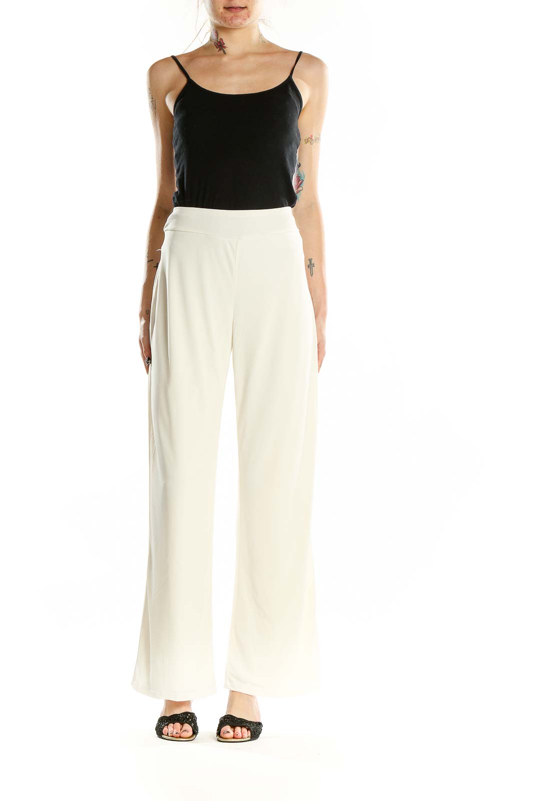 Front view of white wide-leg pants by American Glamour Badgley Mischka