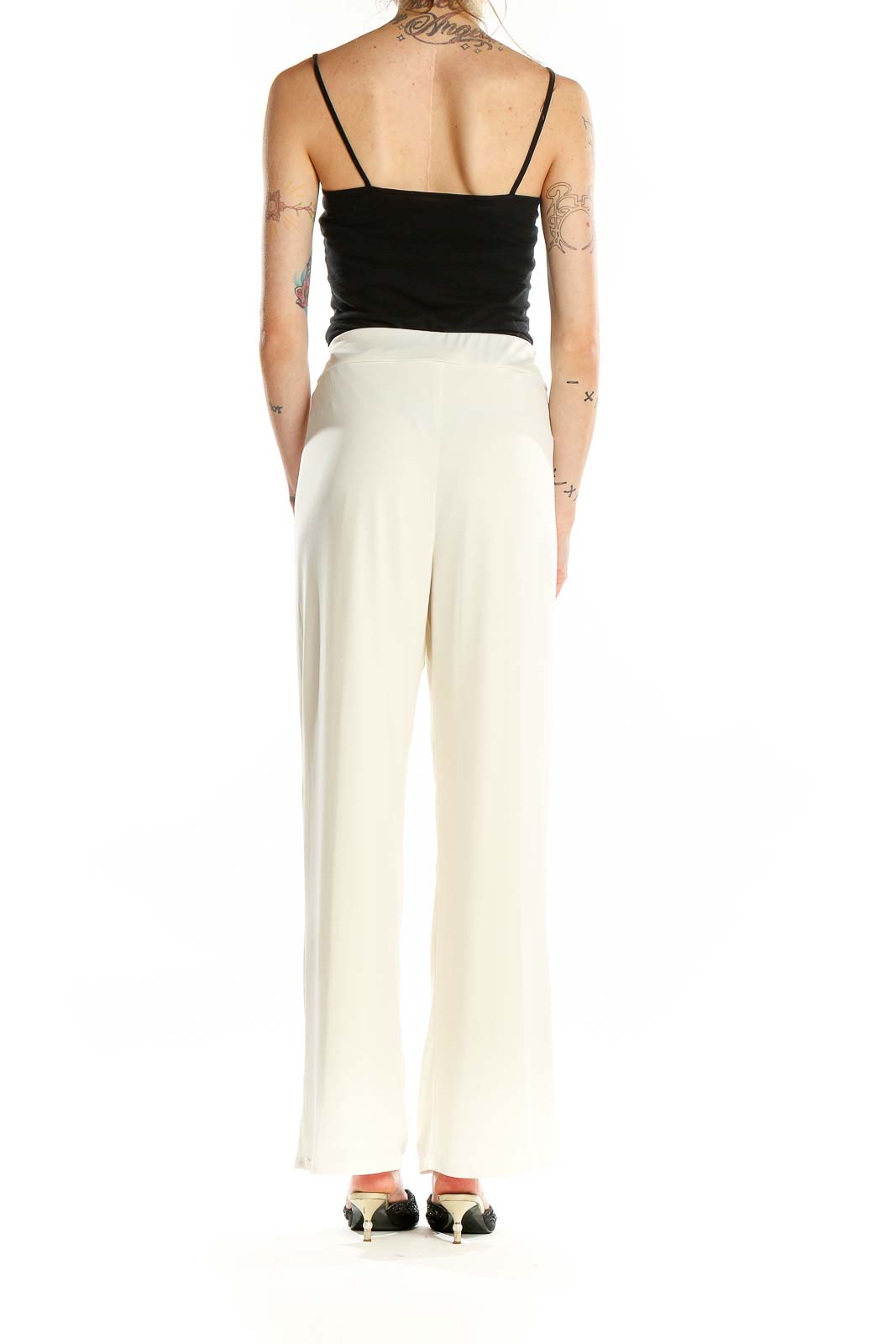 Back view of white wide-leg pants by American Glamour Badgley Mischka