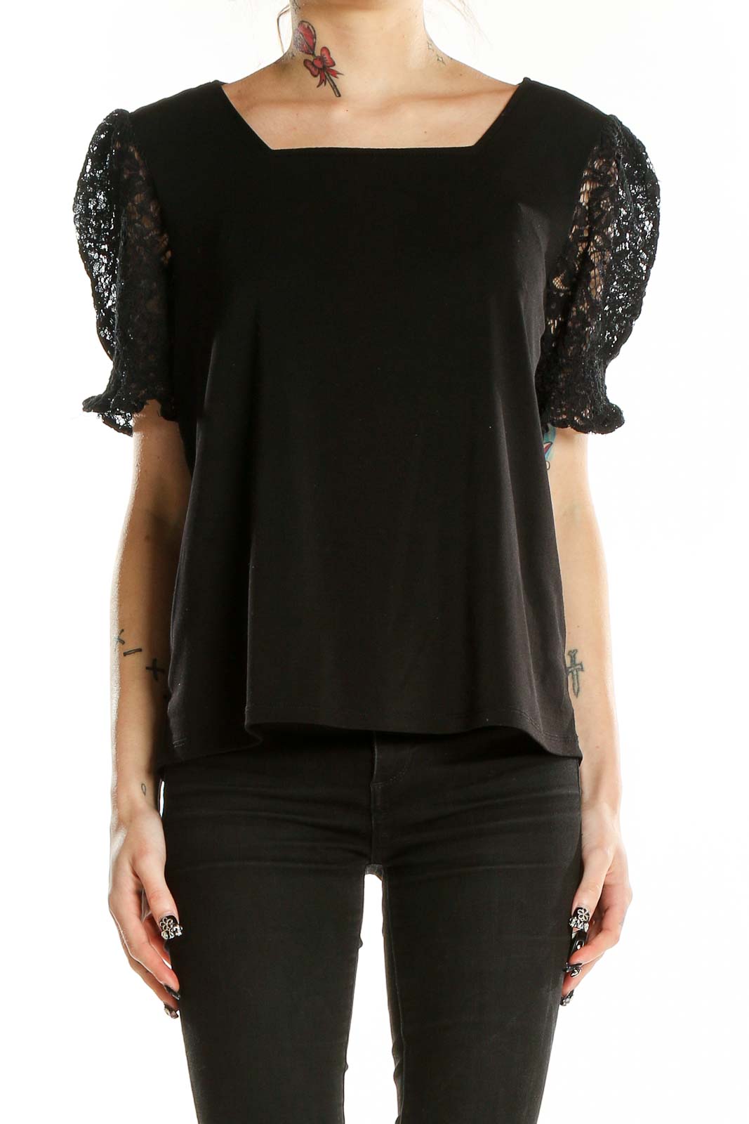 Front view of Adrianna Papell black top with lace puff sleeves and square neckline