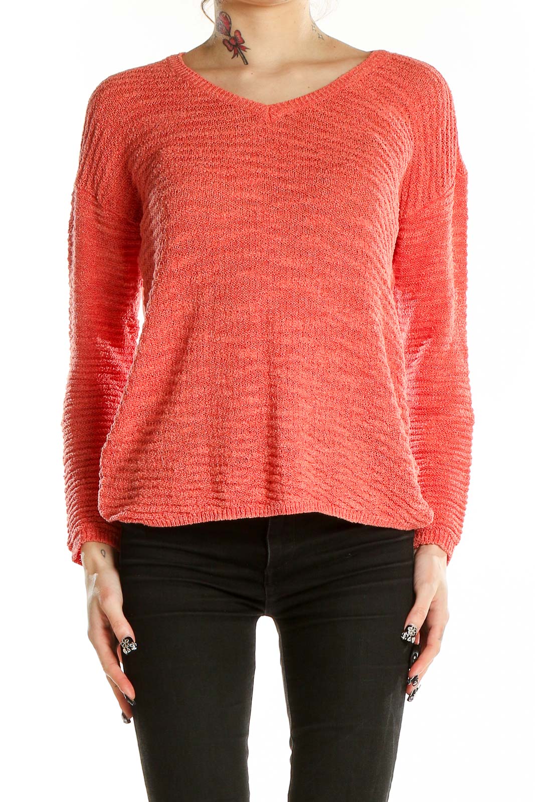 Front view of coral textured V-neck sweater by Calvin Klein Jeans