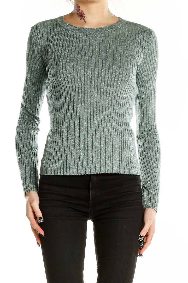 Front view of Nine West sage green ribbed metallic knit sweater on model