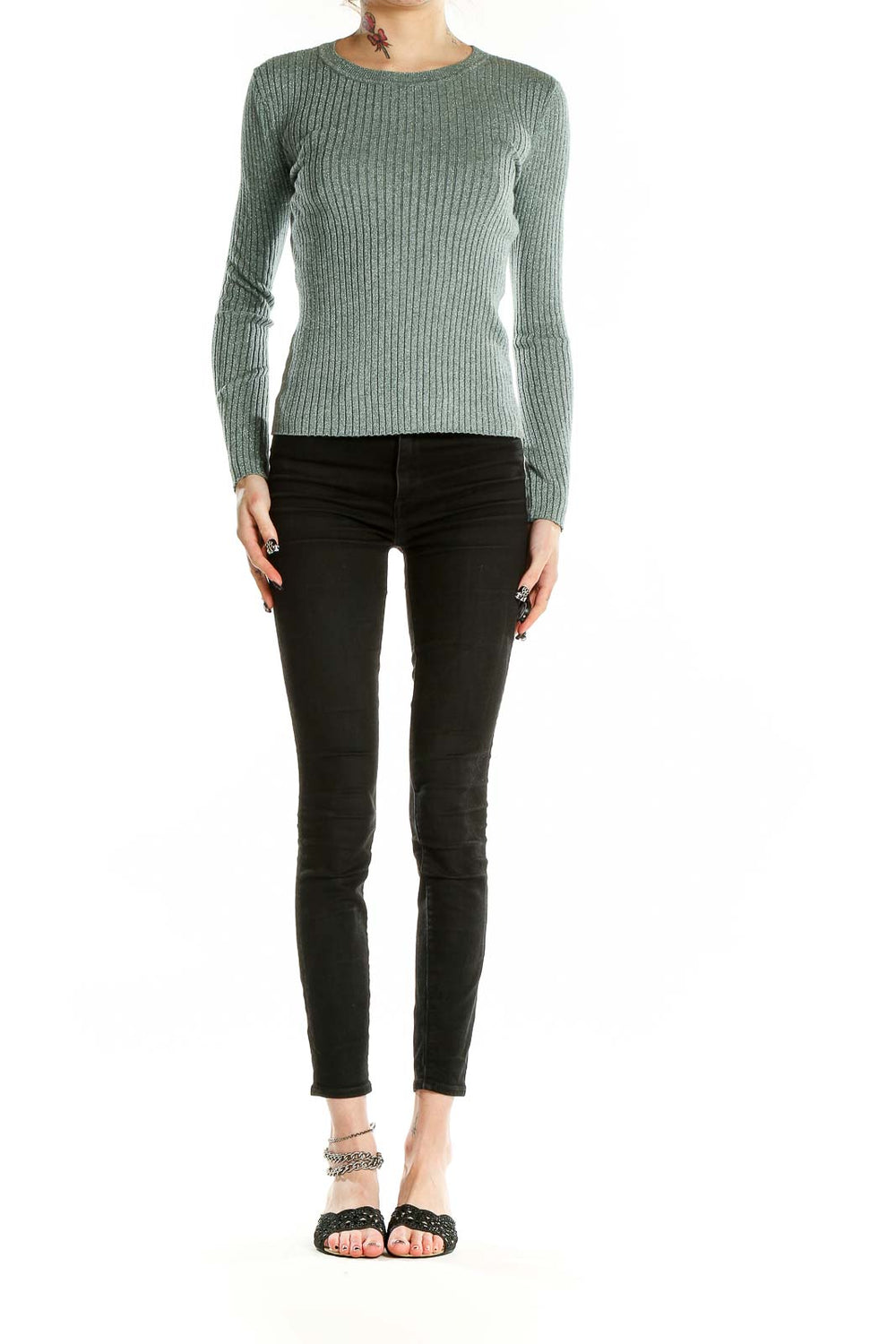 Front view of Nine West sage green ribbed metallic knit sweater on model