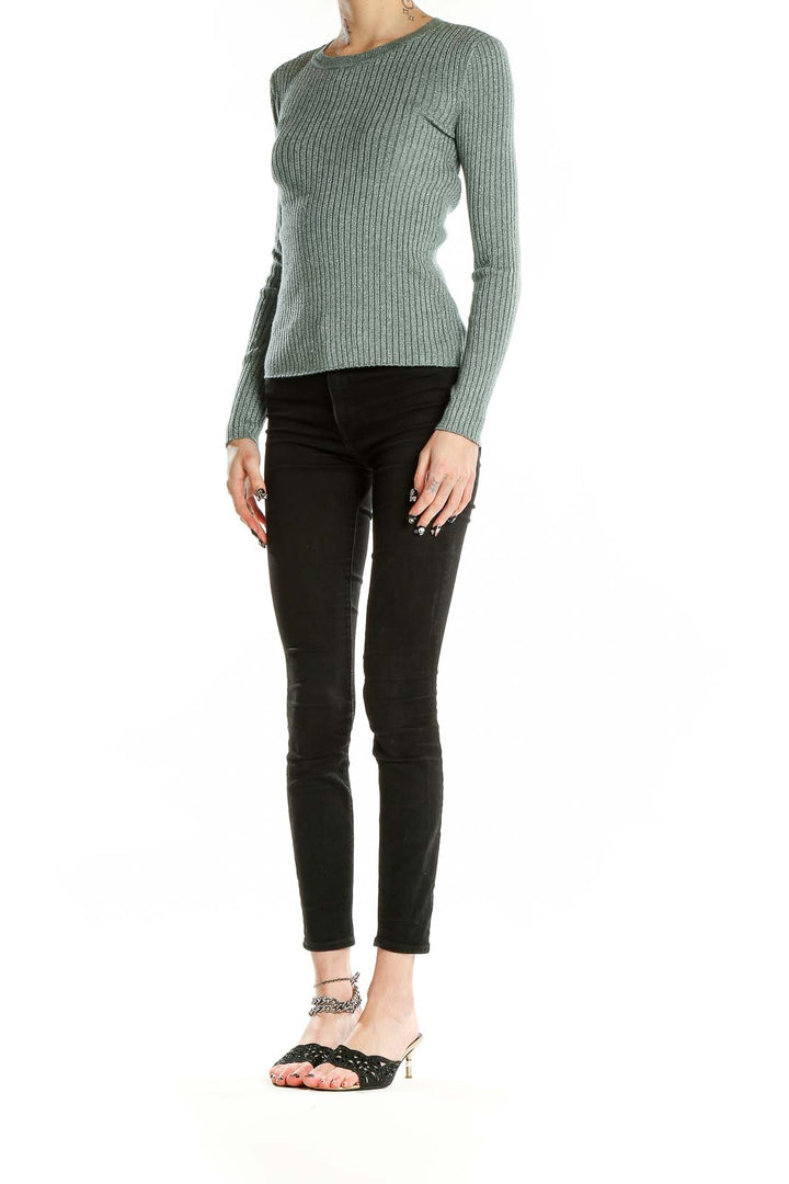 Front view of Nine West sage green ribbed metallic knit sweater on model