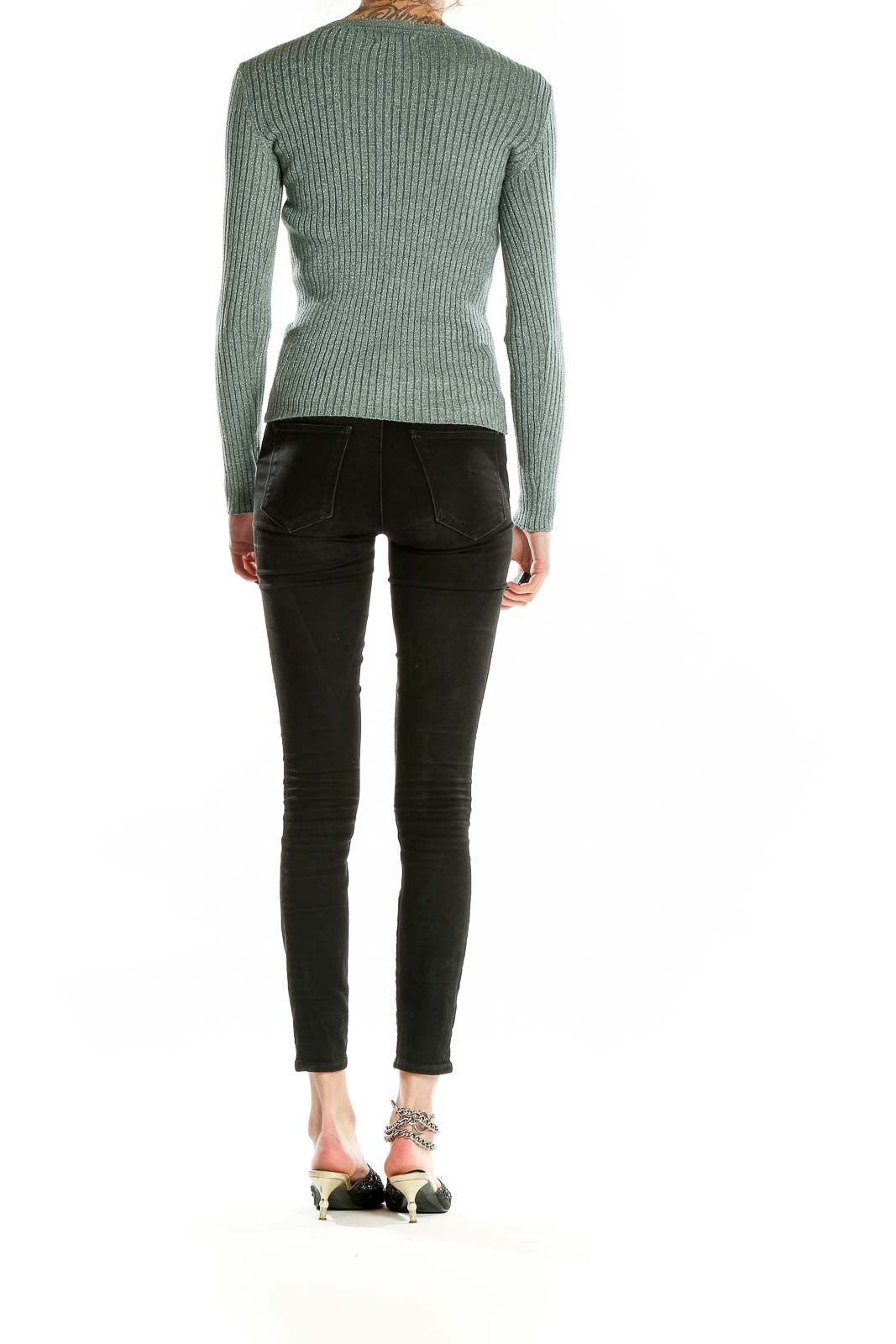 Back view of Nine West sage green ribbed metallic knit sweater on model with black jeans