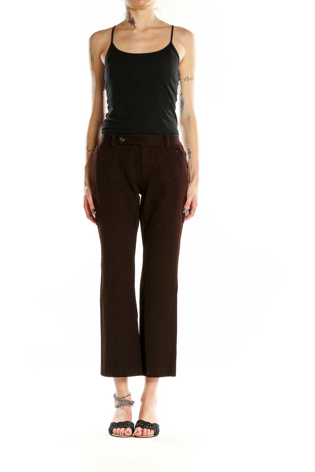 Front view of Lauren Ralph Lauren brown cropped pants