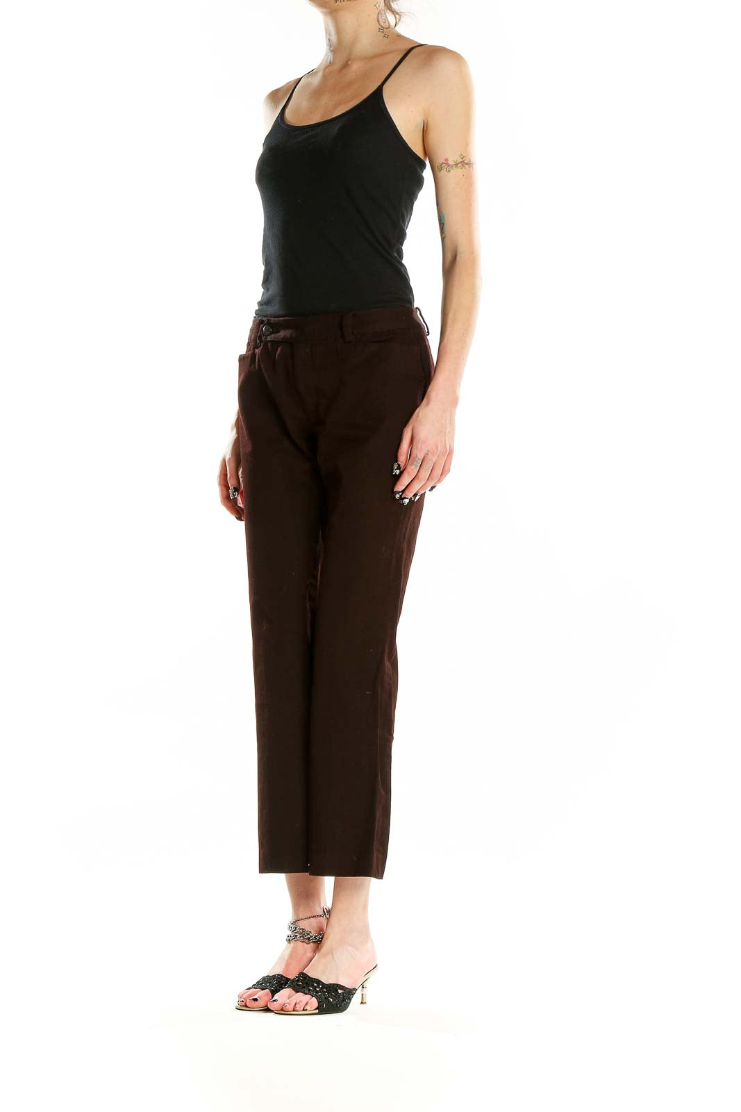 Front view of Lauren Ralph Lauren brown cropped pants