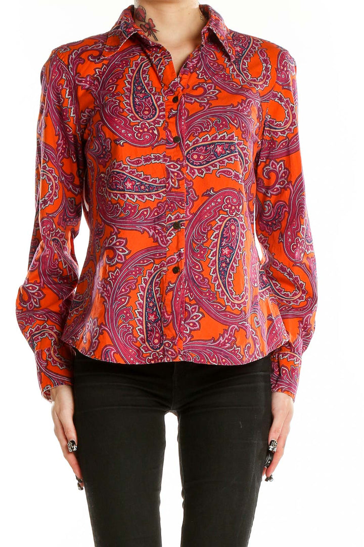 Front view of Tommy Hilfiger orange paisley print button-up shirt