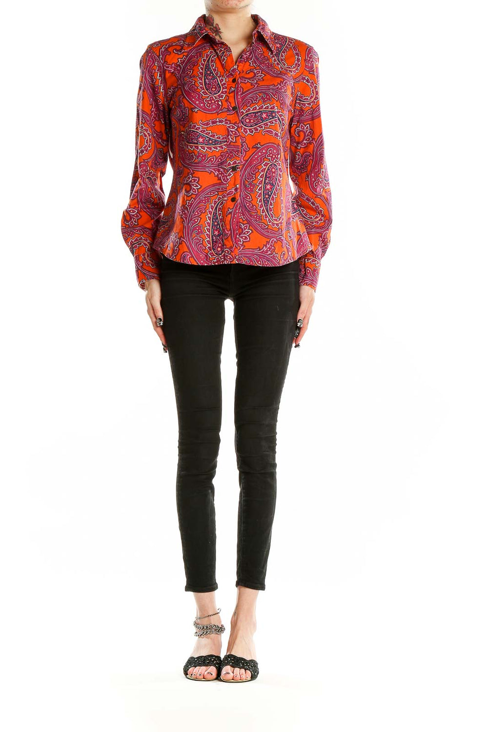 Front view of Tommy Hilfiger orange paisley print button-up shirt