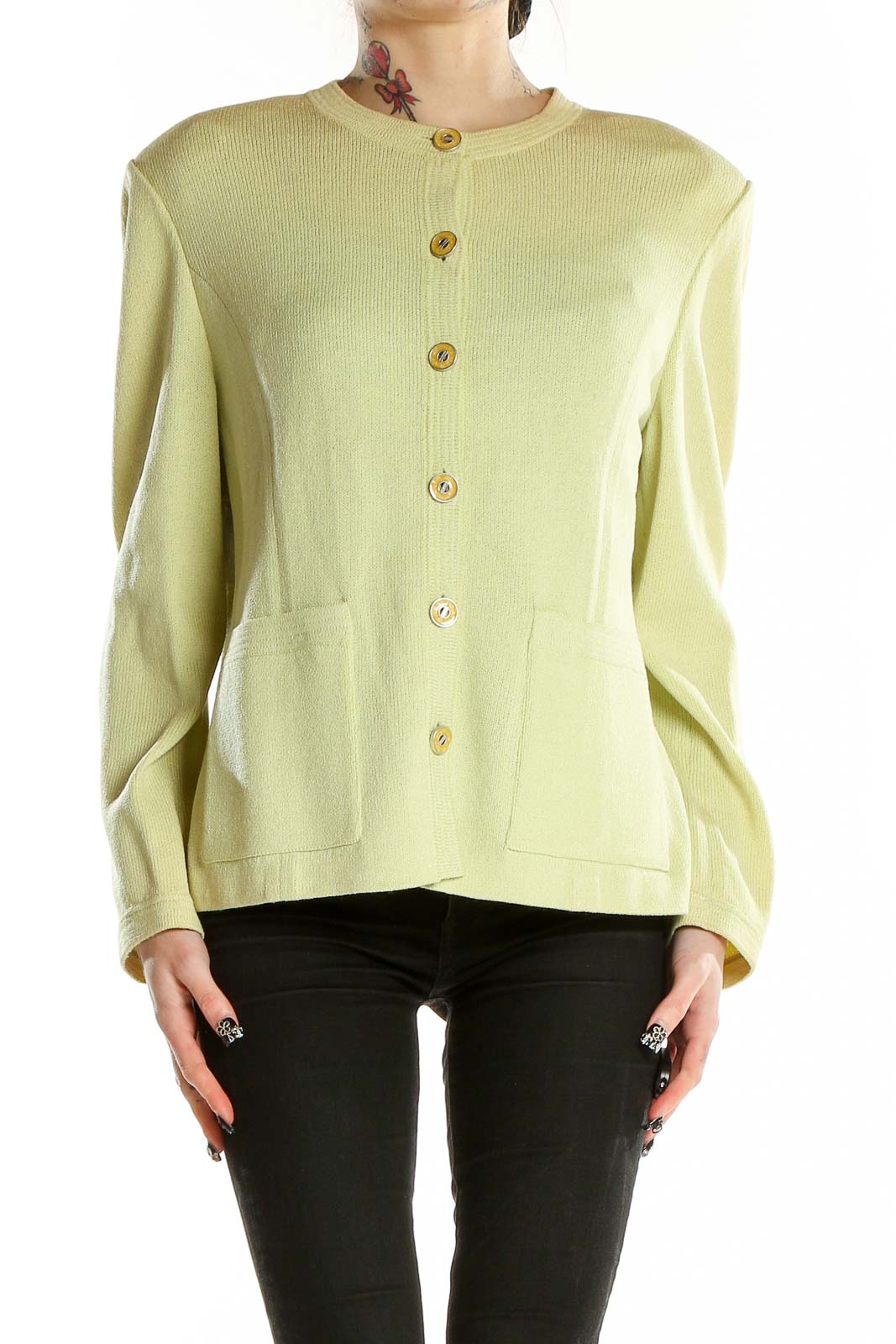 Front view of pale yellow St. John Collection button-front cardigan with patch pockets