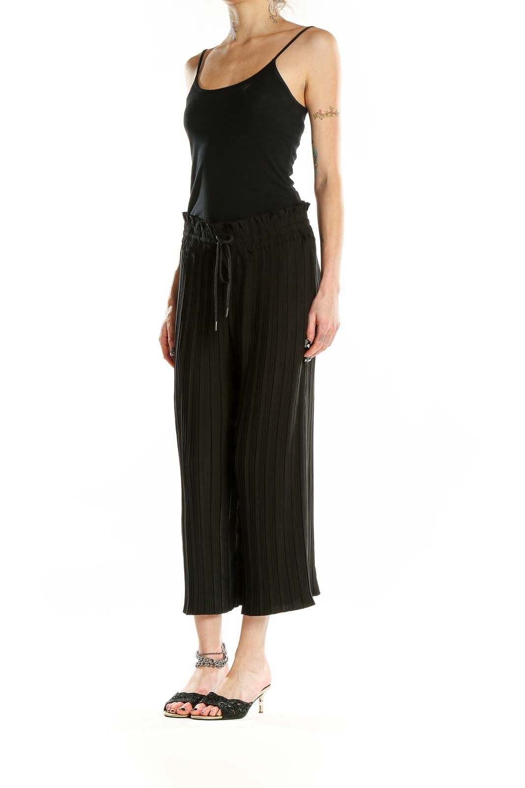 Front view of Rachel Zoe black pleated wide-leg cropped pants