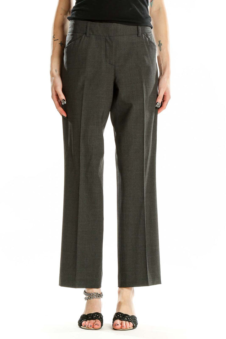 Front view of Theory dark gray wool blend tailored trousers