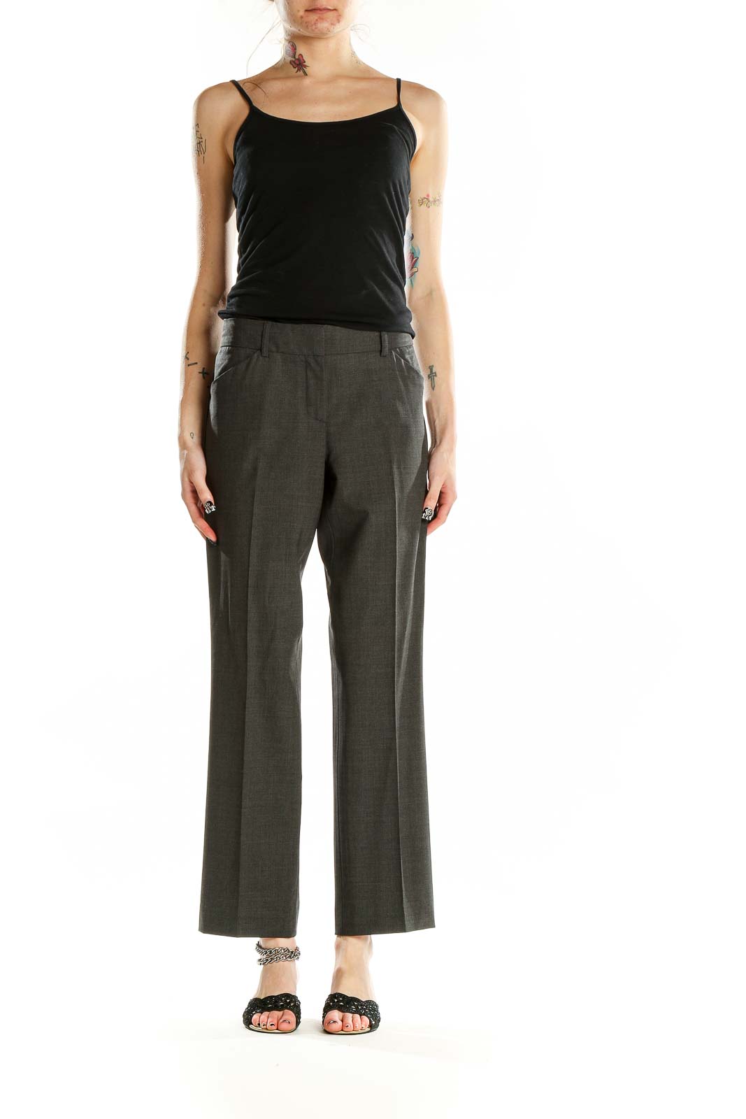 Front view of Theory dark gray wool blend tailored trousers