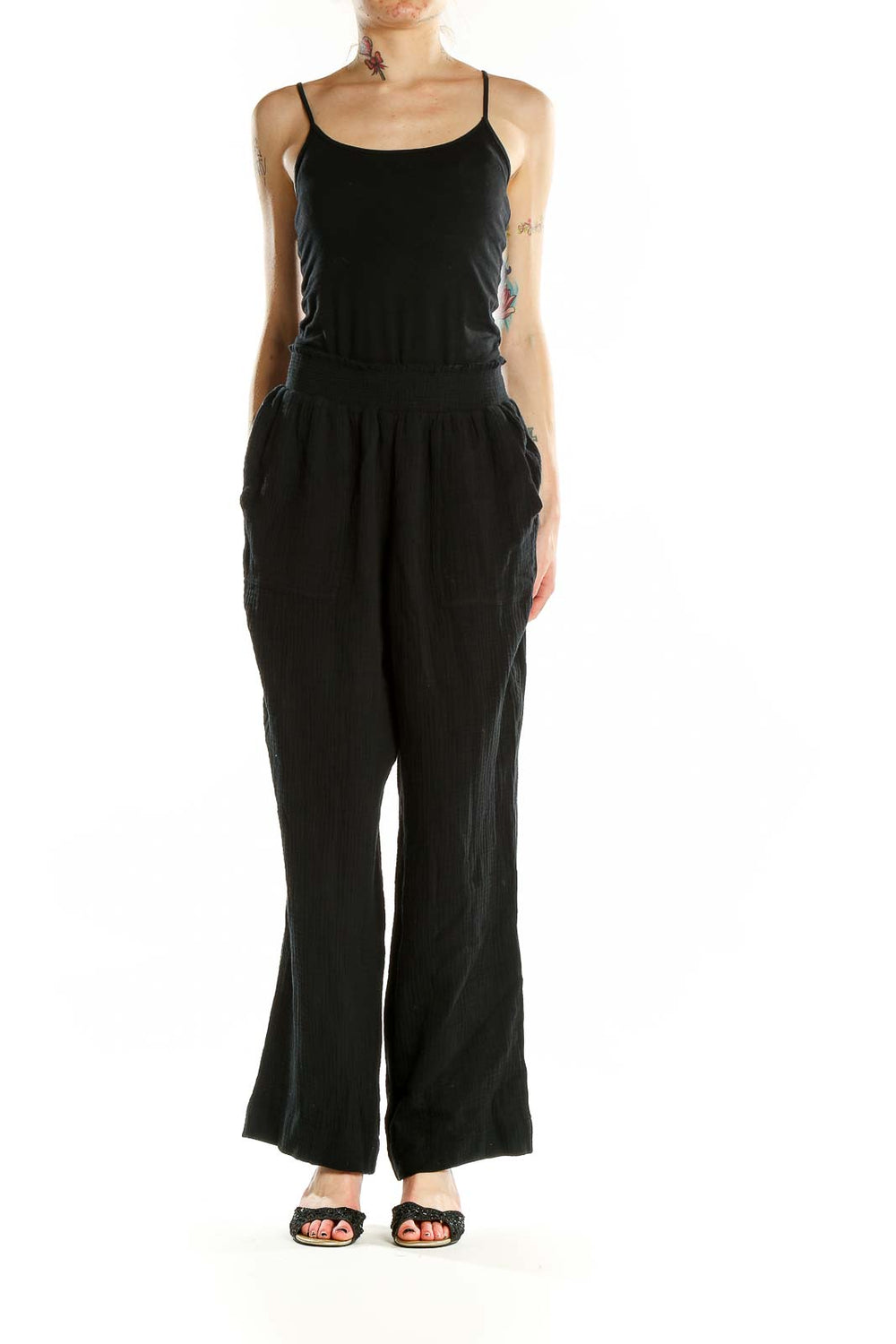 Front view of Sax Fifth Avenue black wide-leg pants with high waist