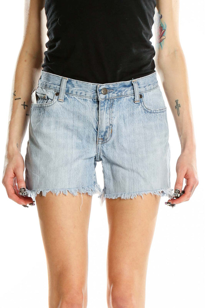 Front view of light blue distressed denim shorts from Abercrombie & Fitch
