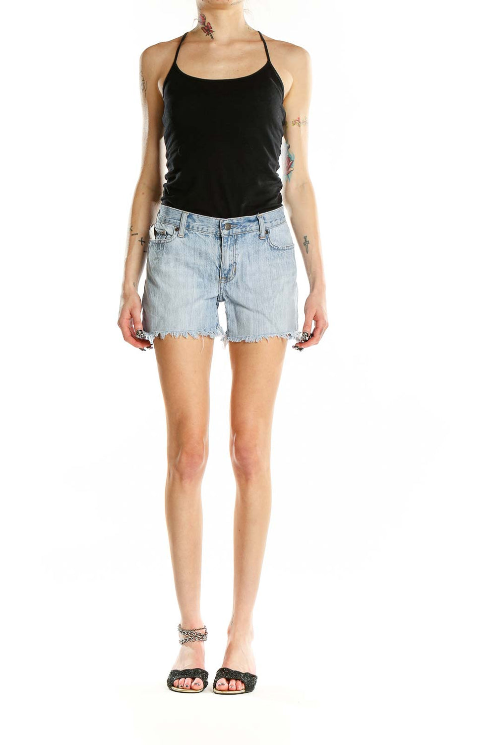 Front view of light blue distressed denim shorts from Abercrombie & Fitch