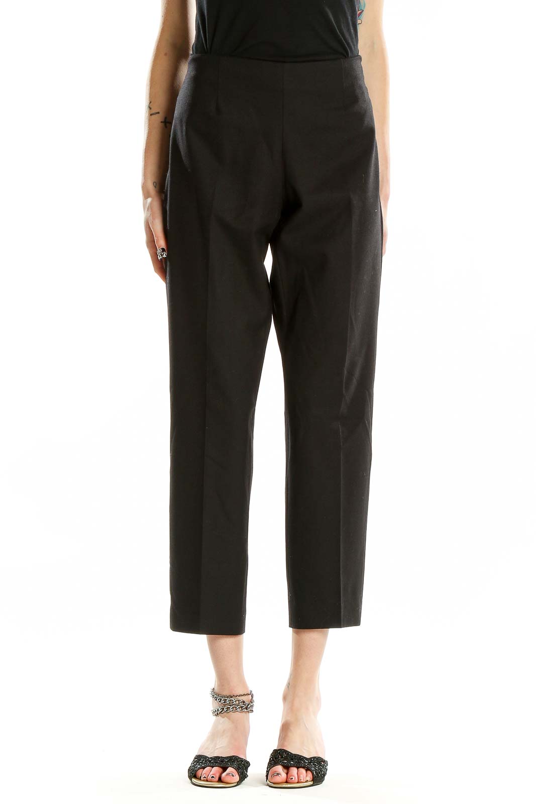 Front view of Theory black wool blend cropped trousers on model