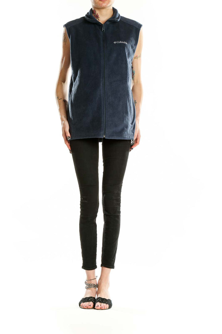 Front view of navy Columbia fleece vest with full zip closure